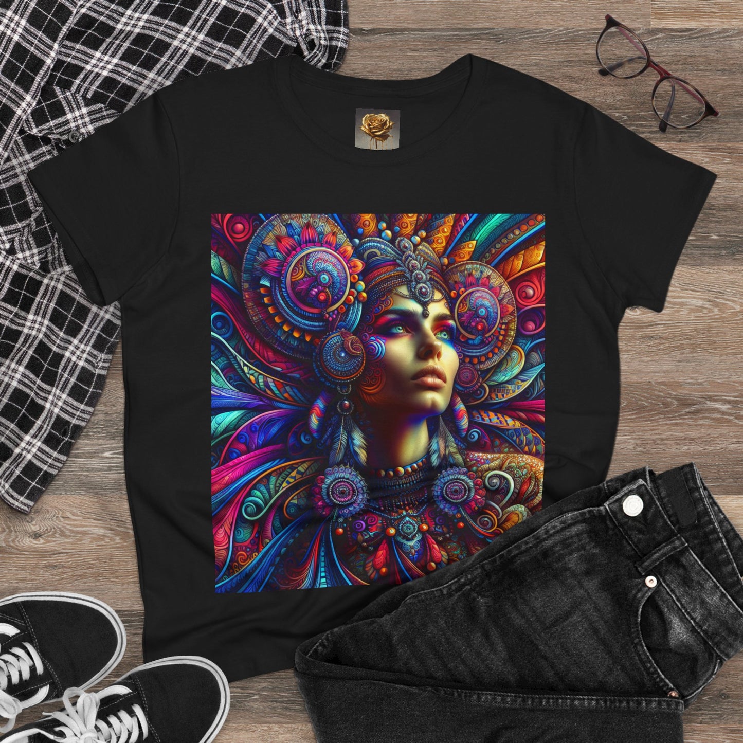 Bohemian Women's Midweight Cotton Tee - Vibrant Spiritual Art