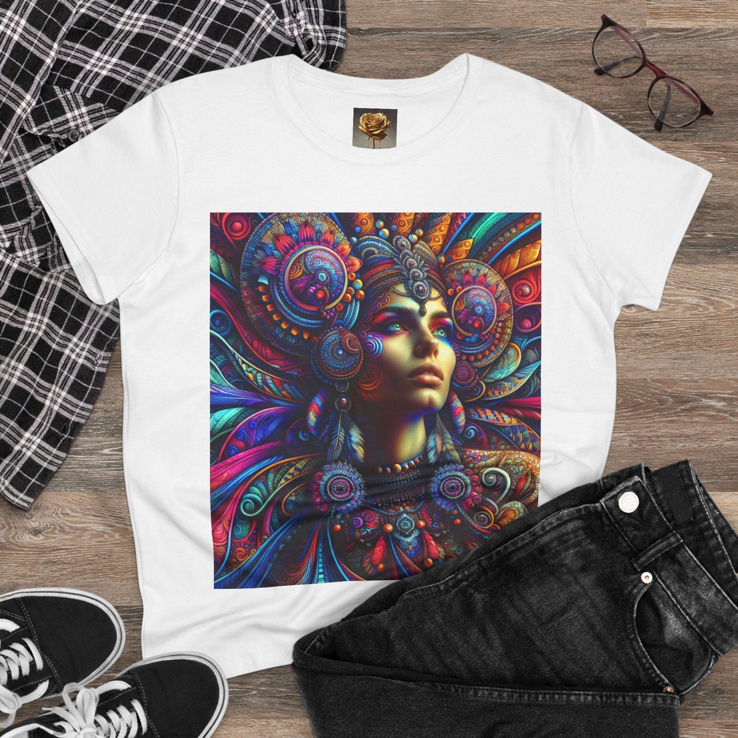 Bohemian Women's Midweight Cotton Tee - Vibrant Spiritual Art